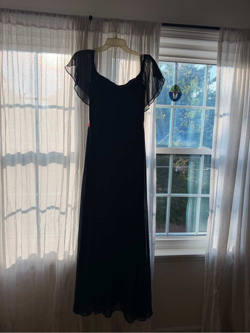Bill Levkoff Black Chiffon Maxi Dress with Sheer Flutter Sleeves